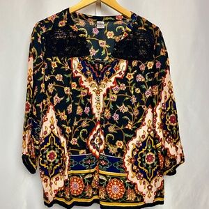 Bila Womenʻs Colorful Floral 3/4 Sleeve Split Neck Crochet Lace Blouse Large